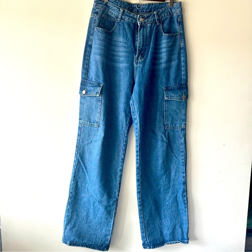 SHEIN Cargo Utility Carpenter Straight Leg Jeans High Waisted Med Wash Large 32”